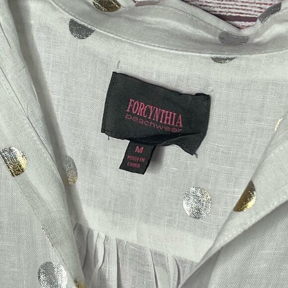 For Cynthia Beach 100% Linen White & Gold Dot Semi Sheer Pullover Size Medium - Picture 4 of 12